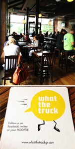 Top: The Winchester's rich interior space. Bottom: A coaster advertising the 'What the Truck' food truck.